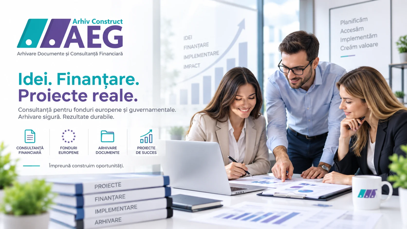 Echipă de consultanță ARHIV CONSTRUCT AEG analizând proiecte și finanțări